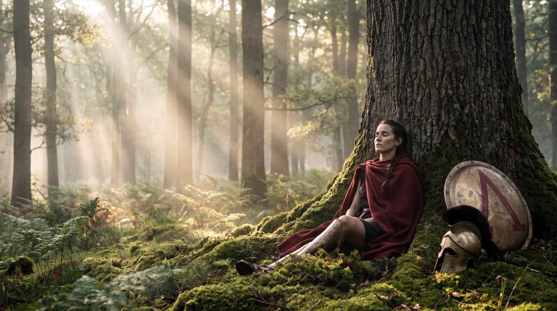 A Spartan woman rests against an oak in the forest, shield and helmet beside her