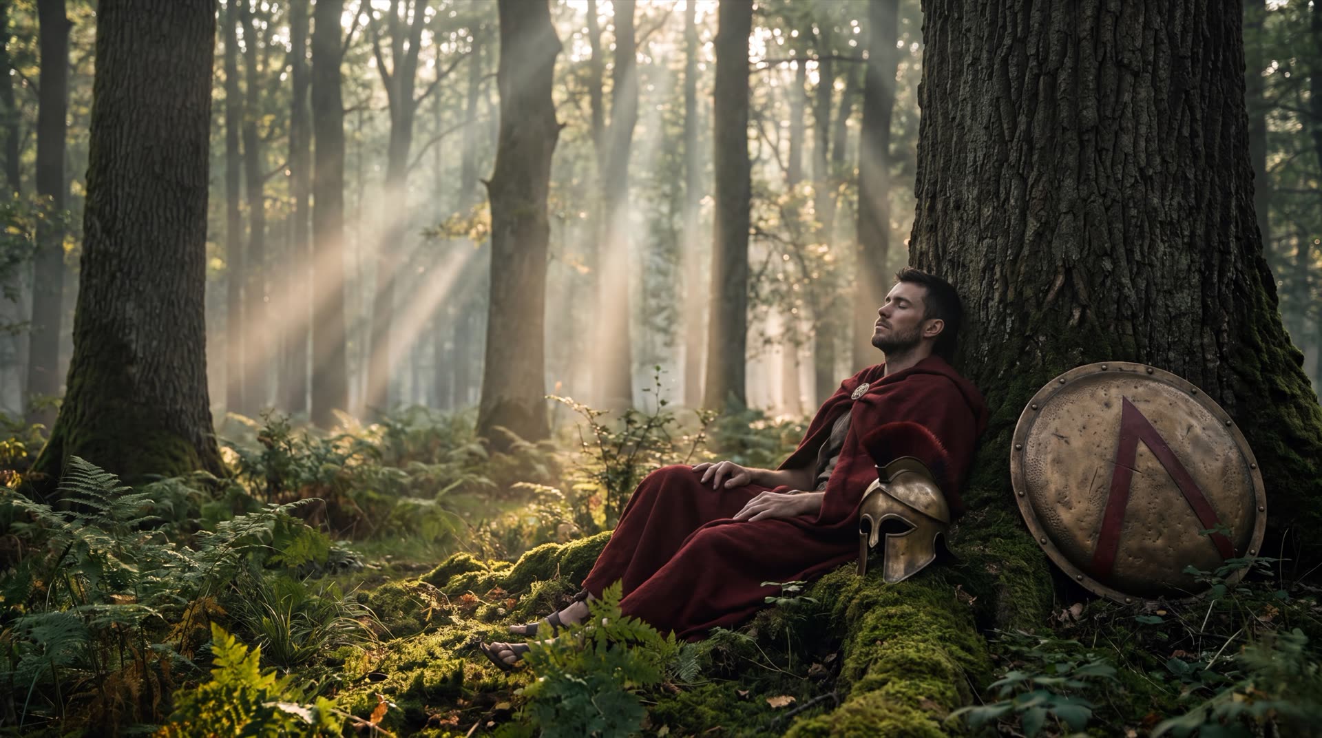 A Spartan rests against an oak in the forest, shield and helmet beside him