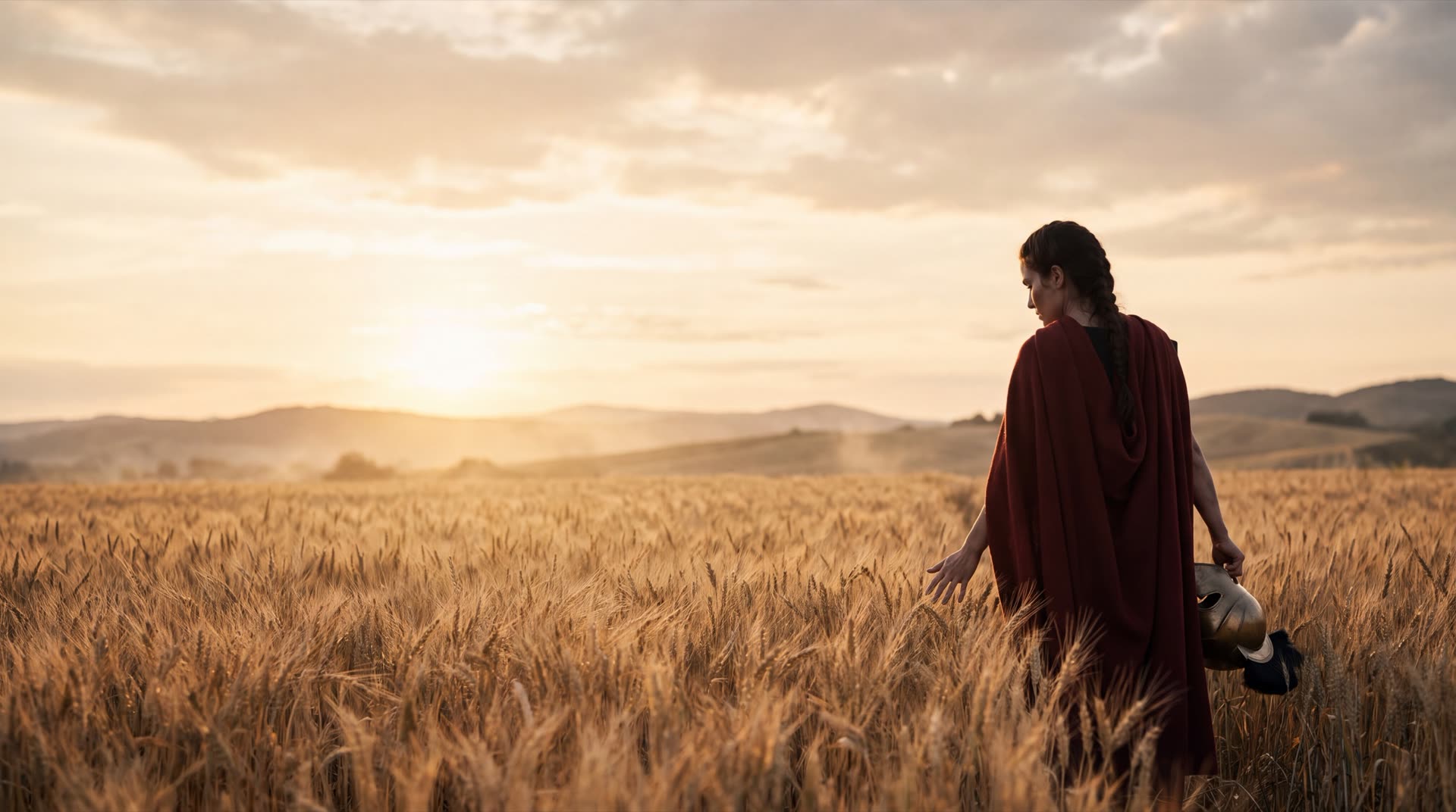 A Spartan woman in a red cloak in a wheat field in golden light