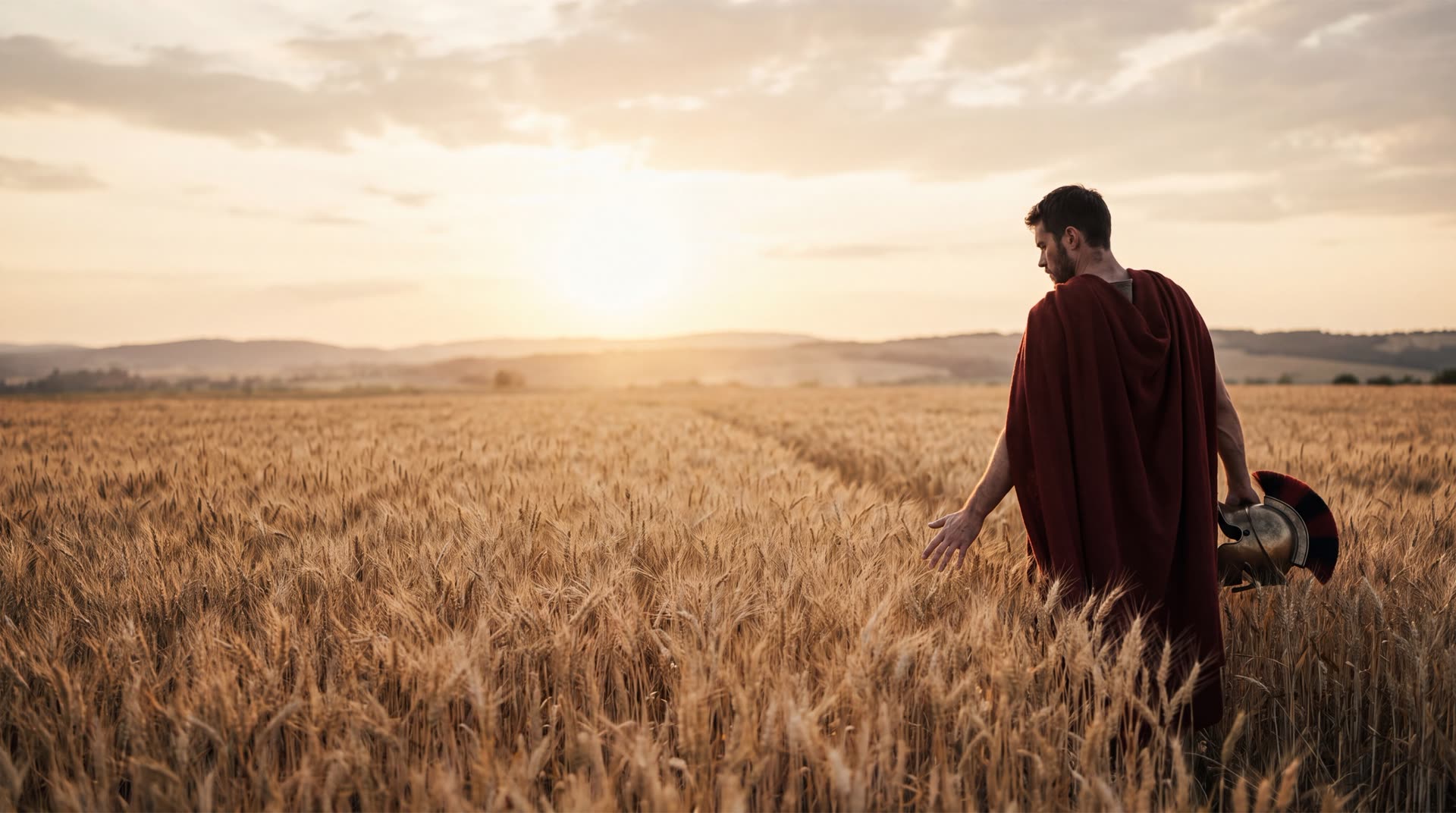 A Spartan in a red cloak walks through a wheat field in golden light