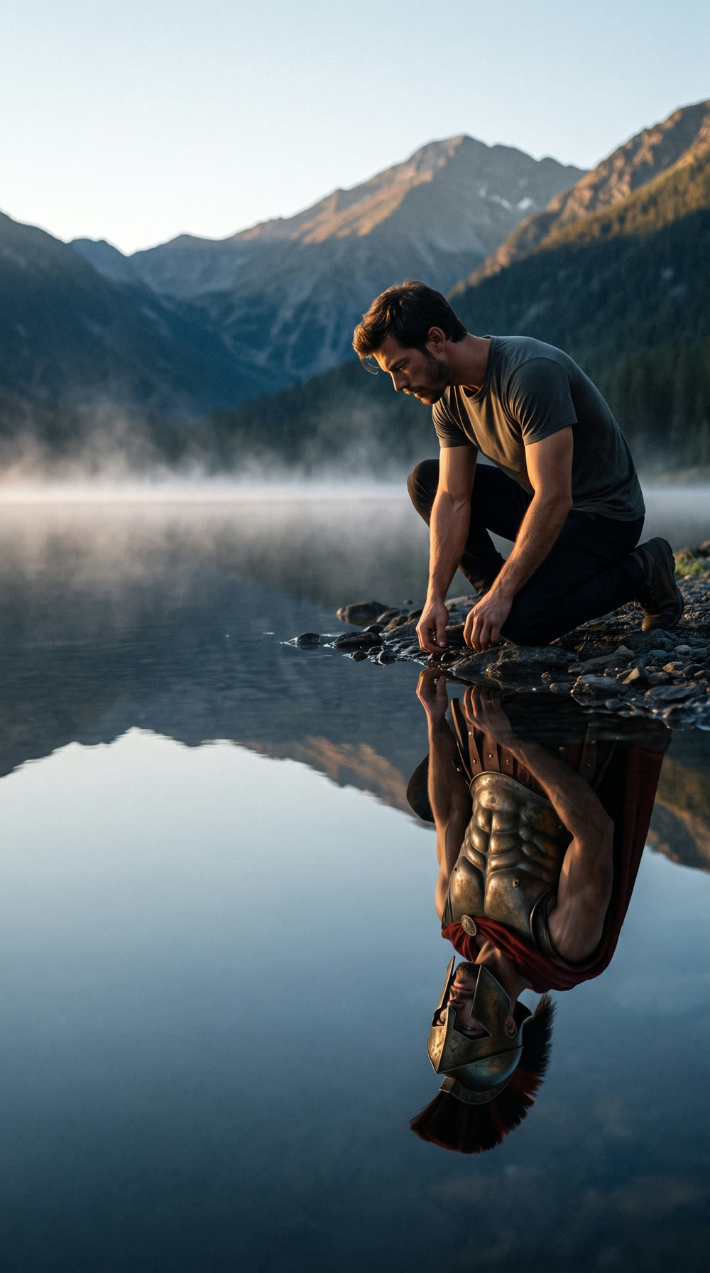 A man by a mountain lake, reflected in the water as a helmeted Spartan warrior