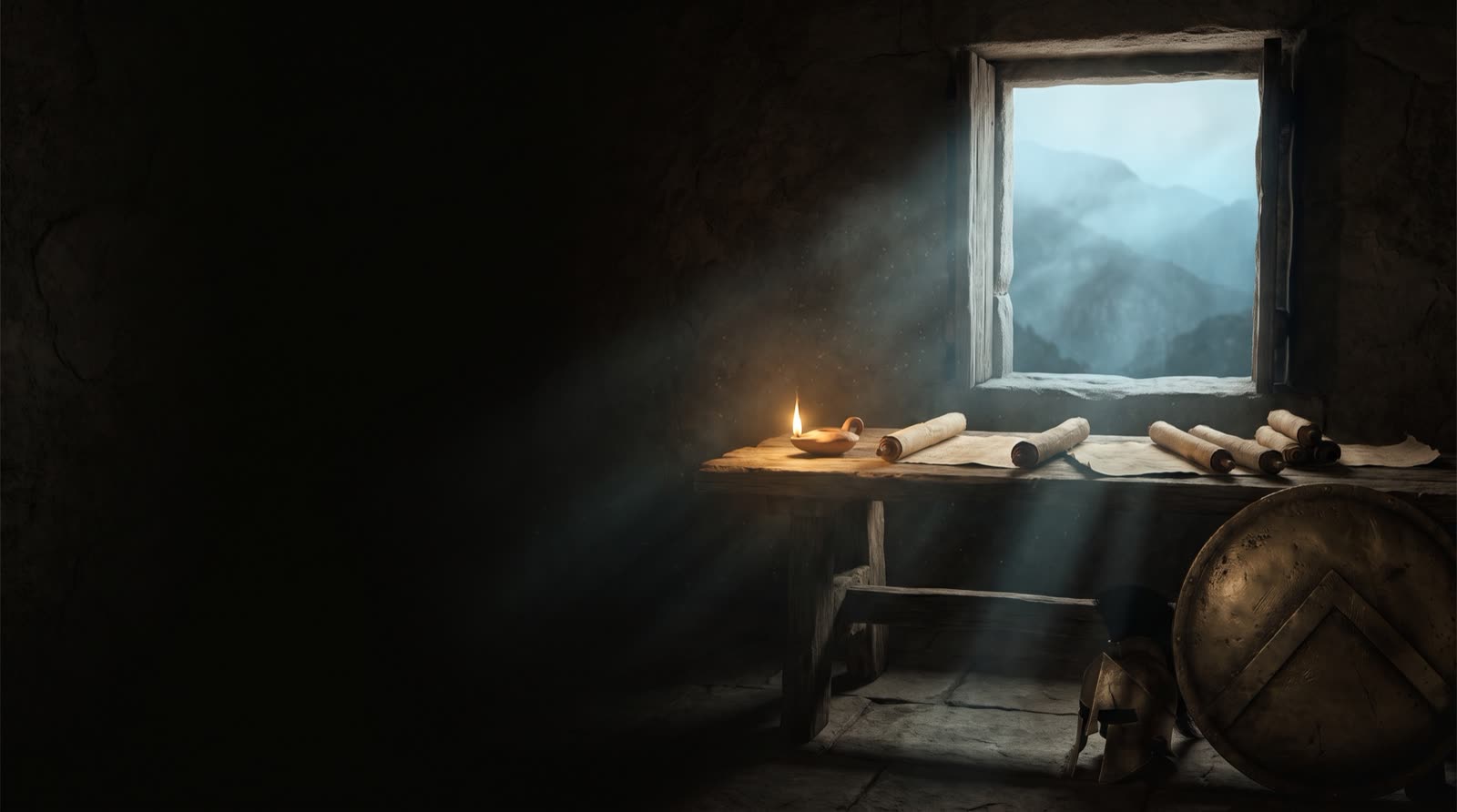 A study at dawn: scrolls on the table, a lamp and a shield