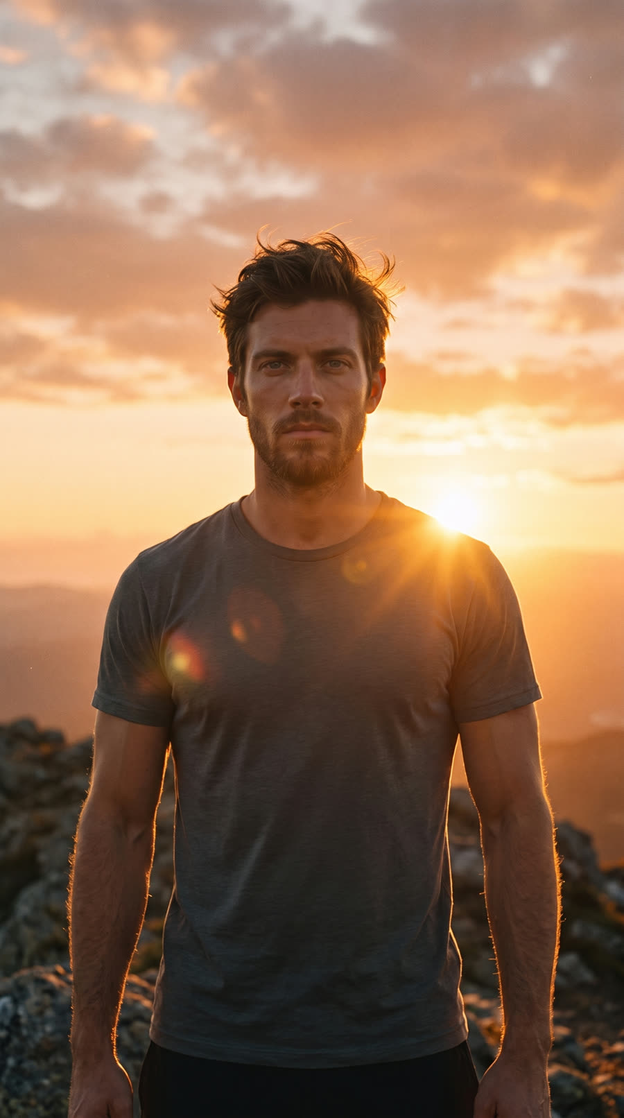 A man stands on a mountain facing the rising sun